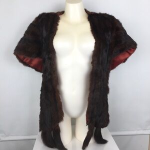Vintage Mink Fur Shawl Brown Short Stole Cape Shrug Tail Fringe Pockets